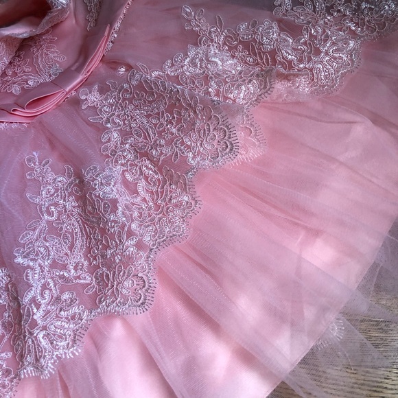 Stunning tulle lace overlay peachy pink dress 4t party photo dress boutique - Picture 3 of 9